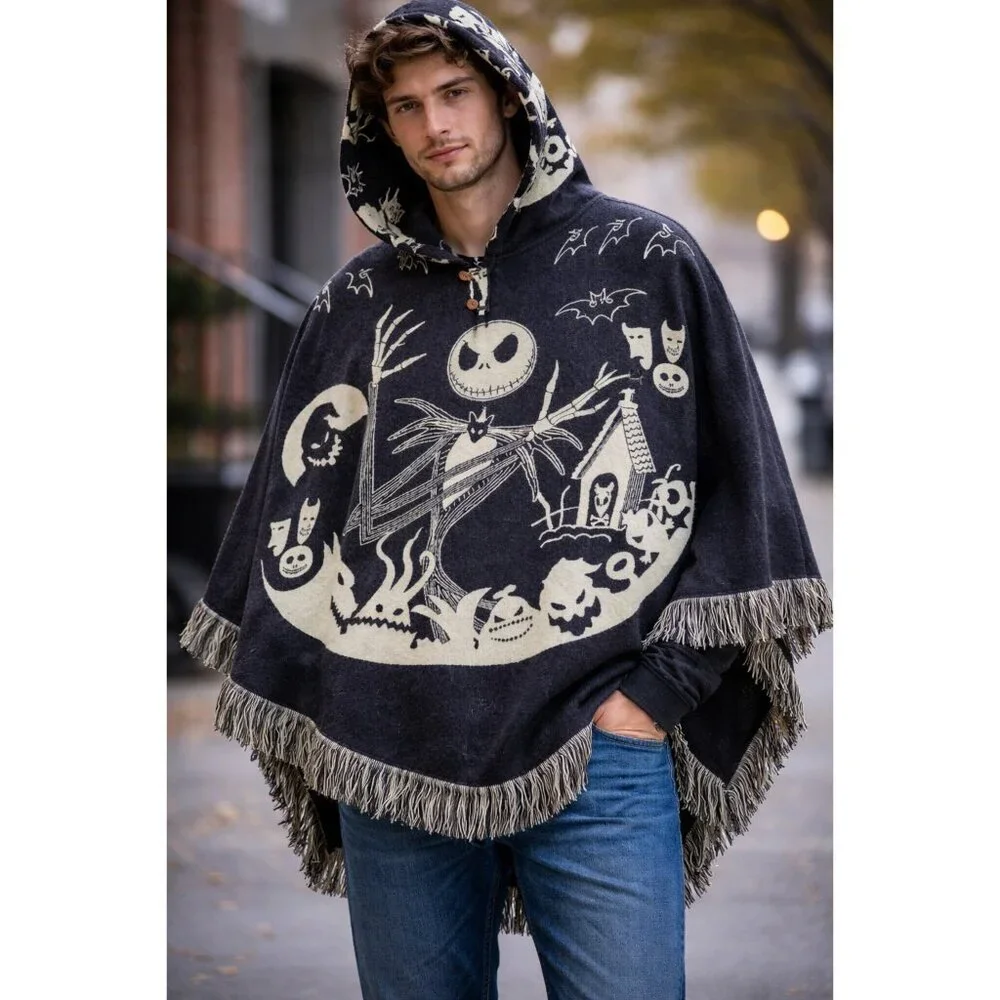 Nightmare Before Christmas Jack Skellington Hooded Alpaca Poncho Fringe